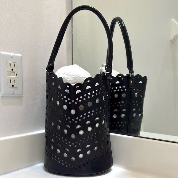 Neiman Marcus Black Vegan Leather Bucket Purse Laser Cut - Picture 1 of 11